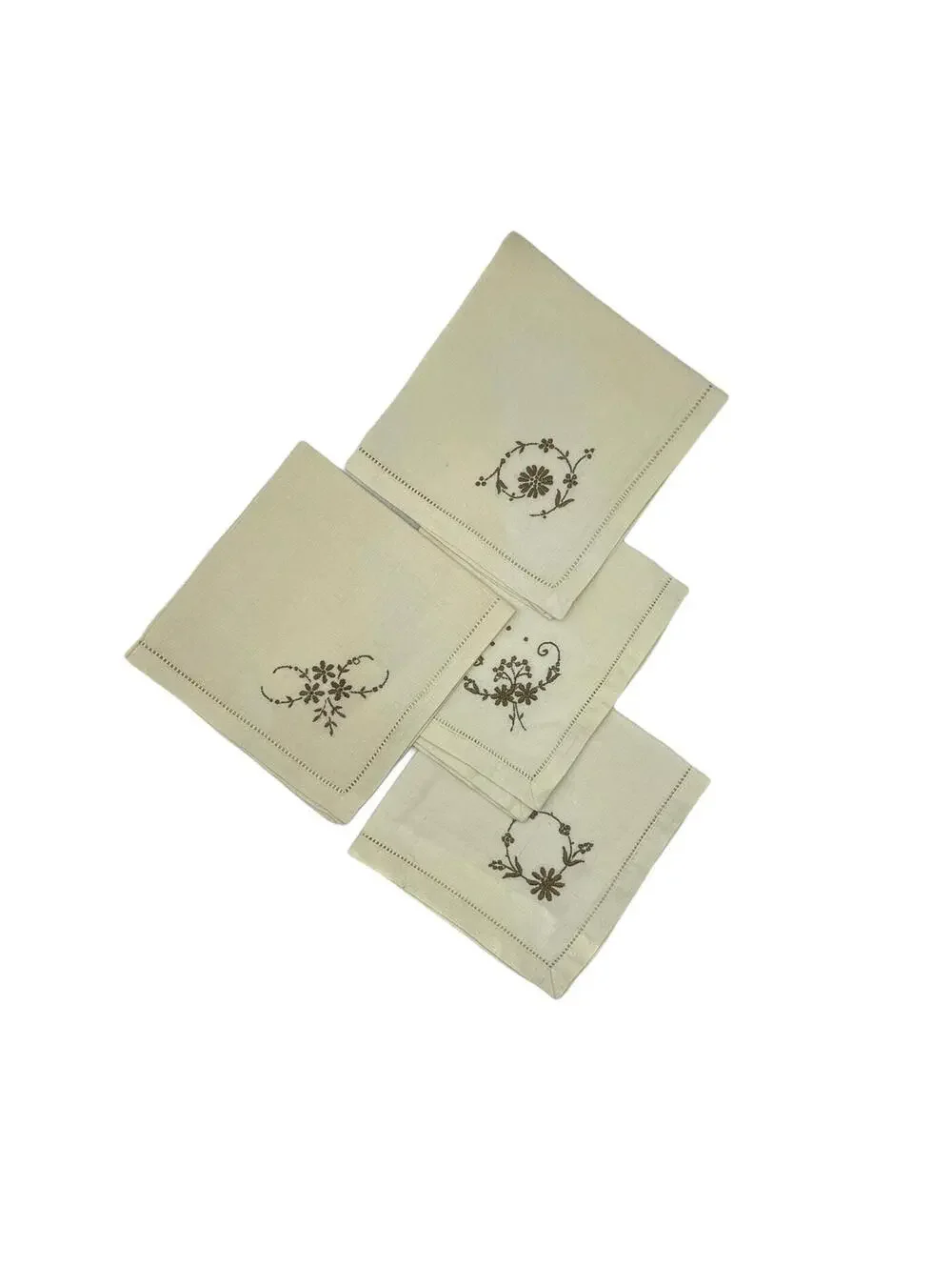 Vintage Linen Luncheon Napkins with Embroidery, Set of 4